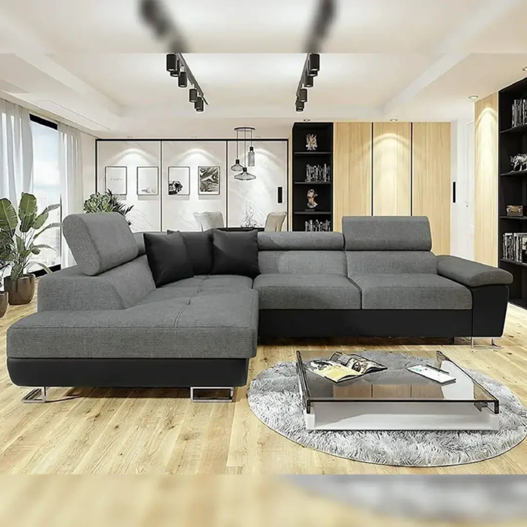 ANTON Black & Grey Fabric Corner Sofa Bed | Double Bed | large sofas settee for living Rooms | Left hand & Right hand side suite (RIGHT HAND SIDE/LEFT HAND SIDE)