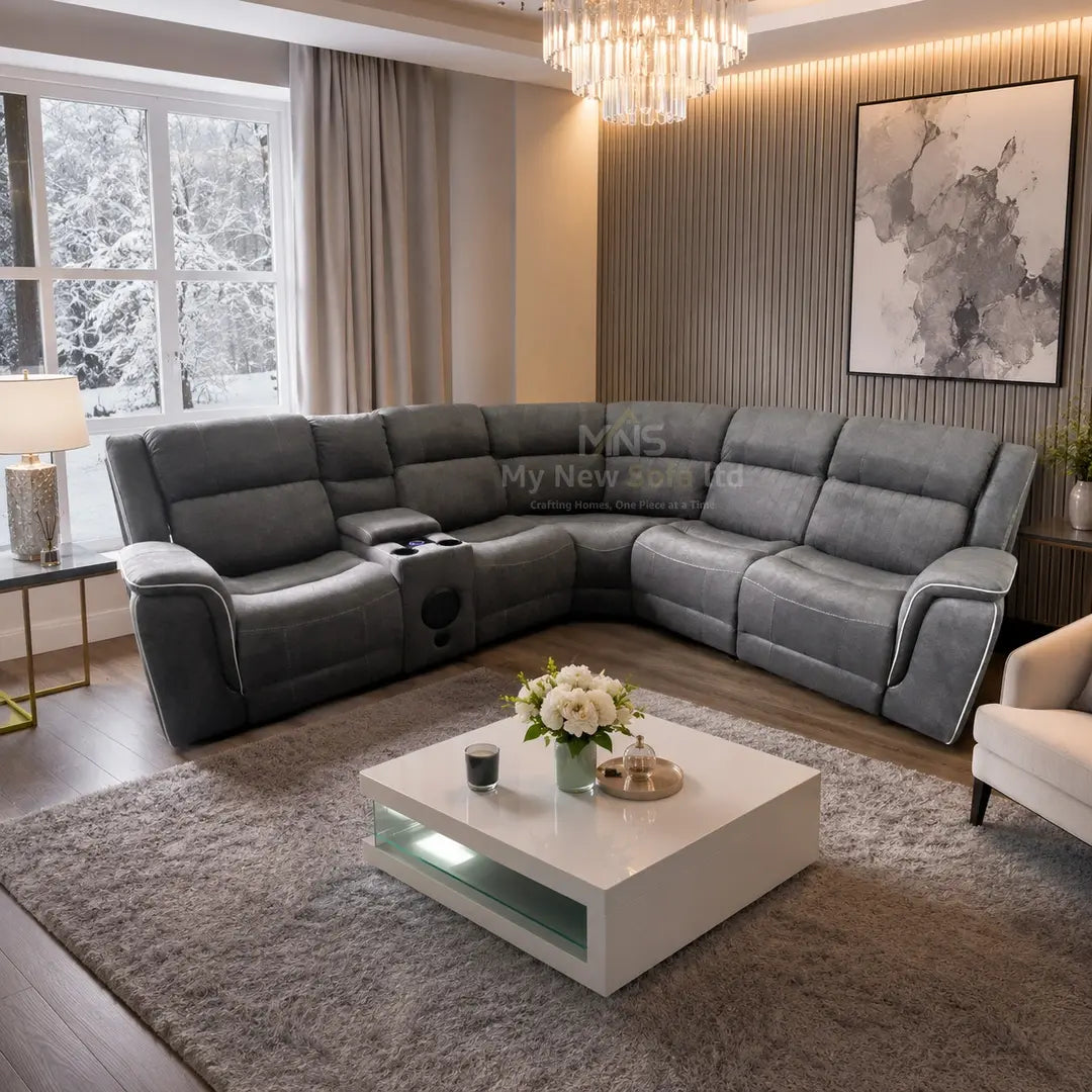 Hannah Grey Microfibre Electric Recliner Sofa Set with USB, LED Lights & Bluetooth Speakers