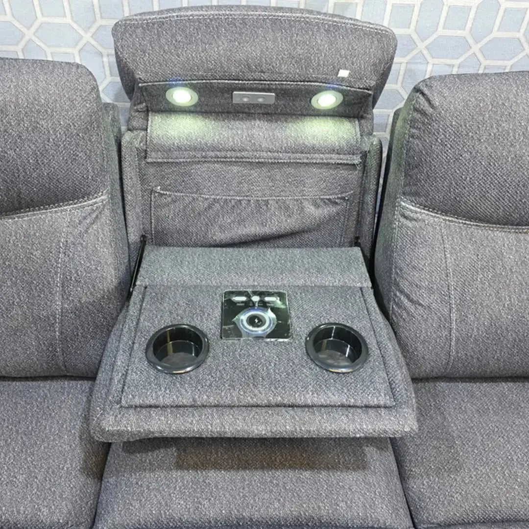 Prada Music Electric Recliner 3+2 Fabric Sofa Set – Grey | Bluetooth Speakers, USB Ports, LED Lighting & Cooling Cupholders