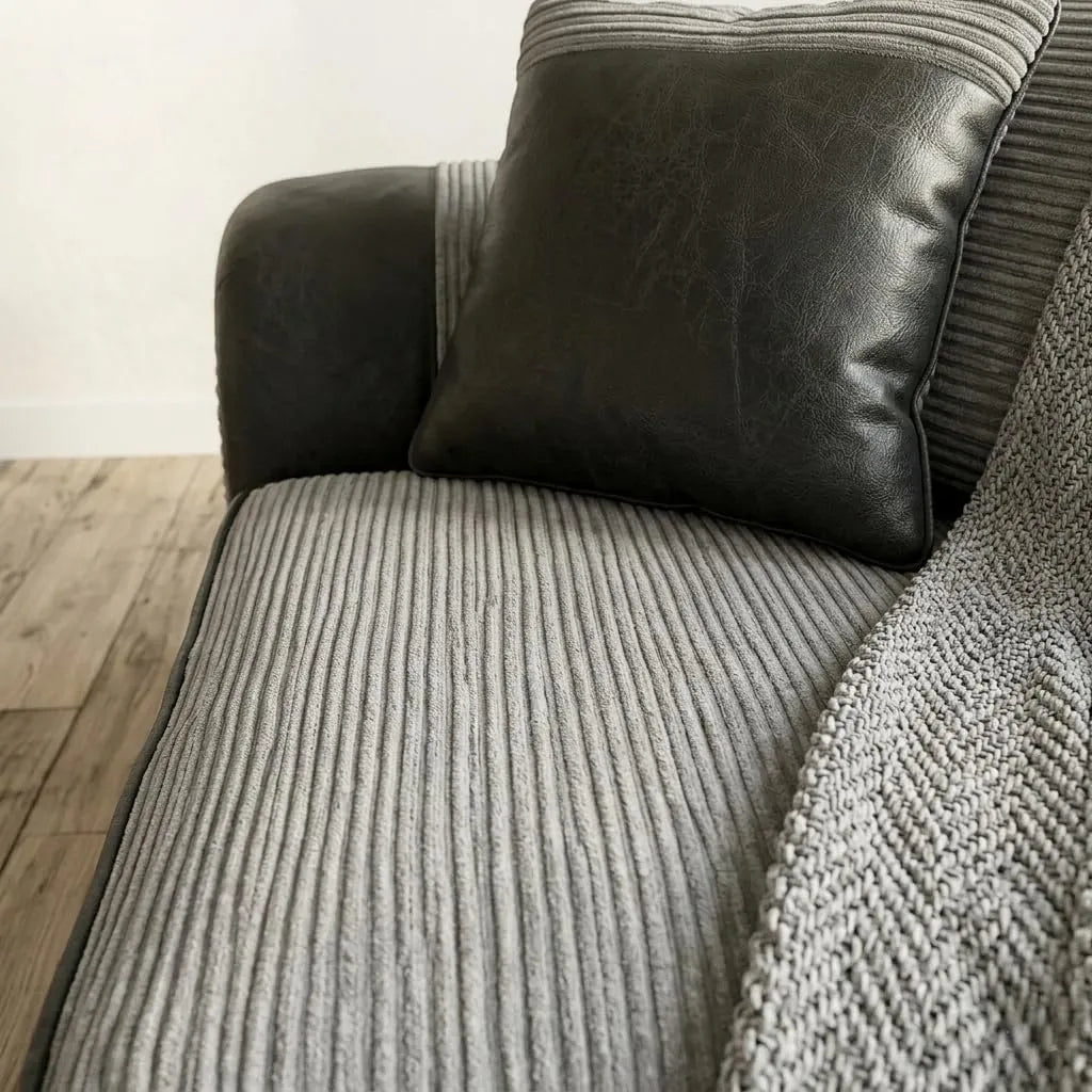 Tango 3+2 Seater Sofa Set – Jumbo Cord Fabric with Leather Detail Grey & Brown