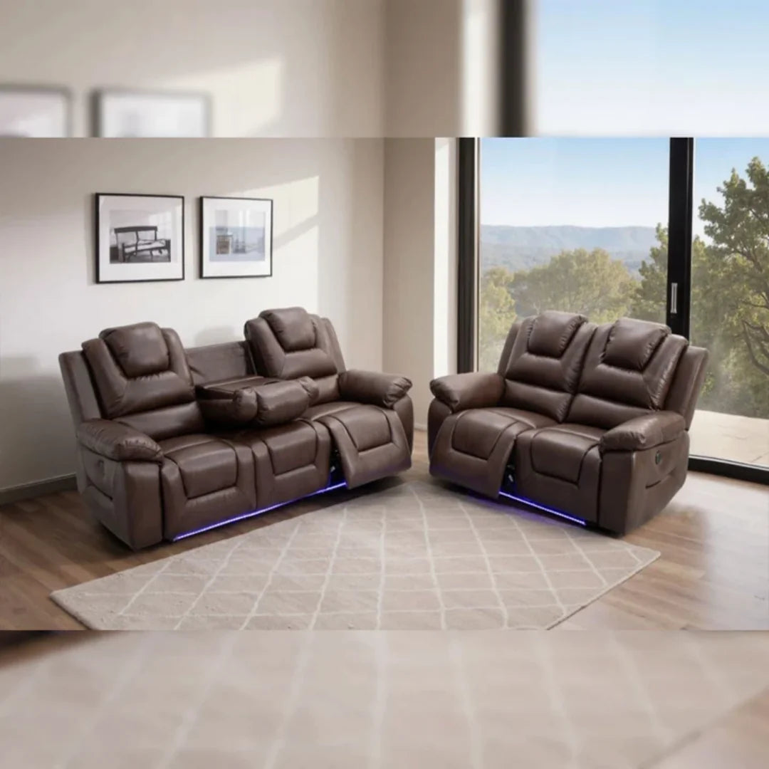 Oxford Leather Electric Recliner Sofa 3+2 Seater with Cup Holders , USB Charging Ports, LED Lights