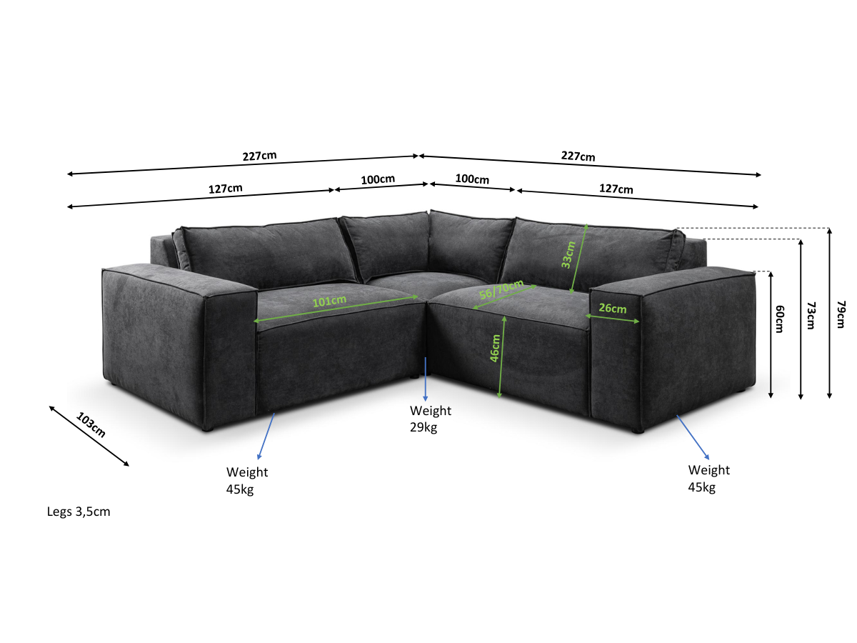 Marlybone Corner Sofa Black Kensington Fabric
