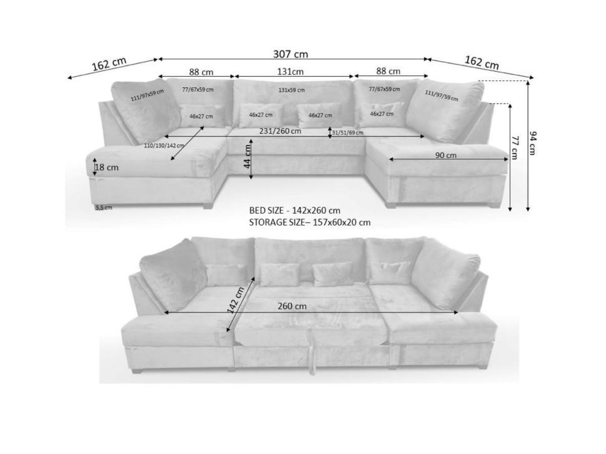 Meridian U Shape Velvet Sofa Bed with Storage
