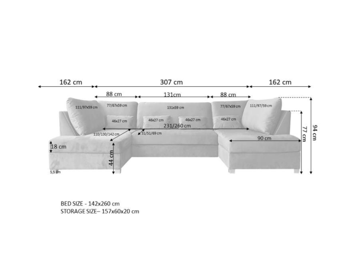 Meridian U Shape Sofa Bed with Storage Alaska Chenille
