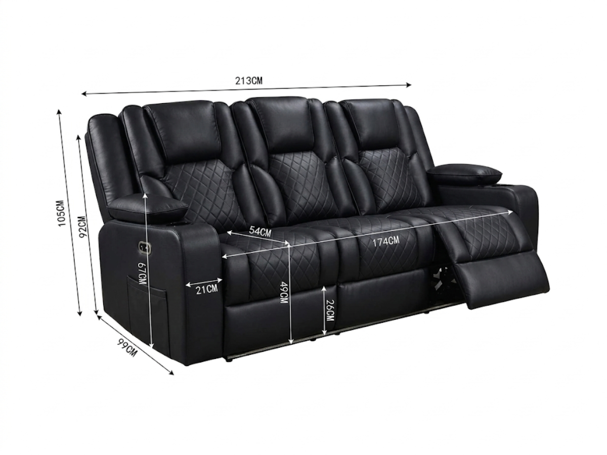 Orlando 3 Seater Black Electric Recliner Sofa