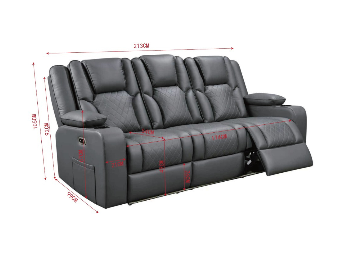Orlando 3 Seater Electric Recliner Sofa Grey Aire Leather