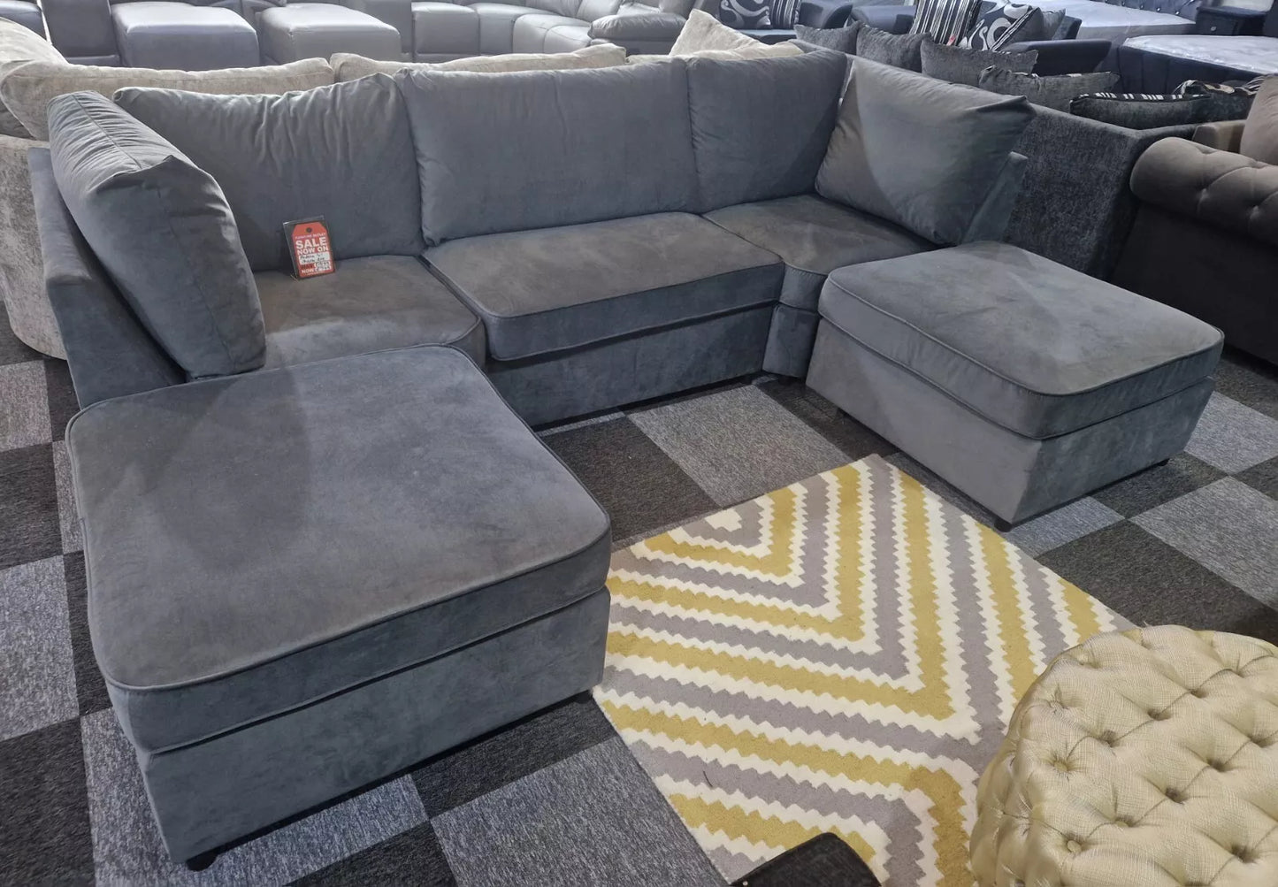 S.D Bishop Grey Plush Velvet U Shape Corner Sofa