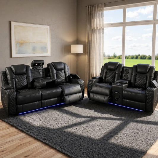 Emilay Premium Leather Electric Recliner Sofa – Luxury 3 and 2 Seater with Cooling Cupholders & Integrated speaker System