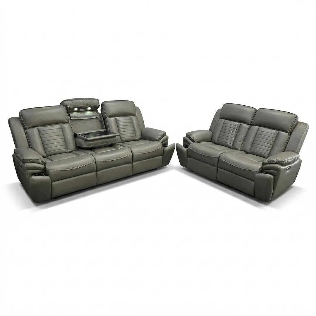 Savilla Electric Leather Recliner Sofa Set – 3+2 Seater with Cup Holders, USB & Type-C Charging Ports, LED Lighting & Wireless Charging, Black & Grey