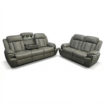 Savilla Electric Leather Recliner Sofa Set – 3+2 Seater with Cup Holders, USB & Type-C Charging Ports, LED Lighting & Wireless Charging, Black & Grey