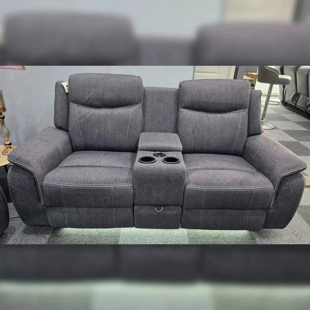 Prada Music Electric Recliner 3+2 Fabric Sofa Set – Grey | Bluetooth Speakers, USB Ports, LED Lighting & Cooling Cupholders