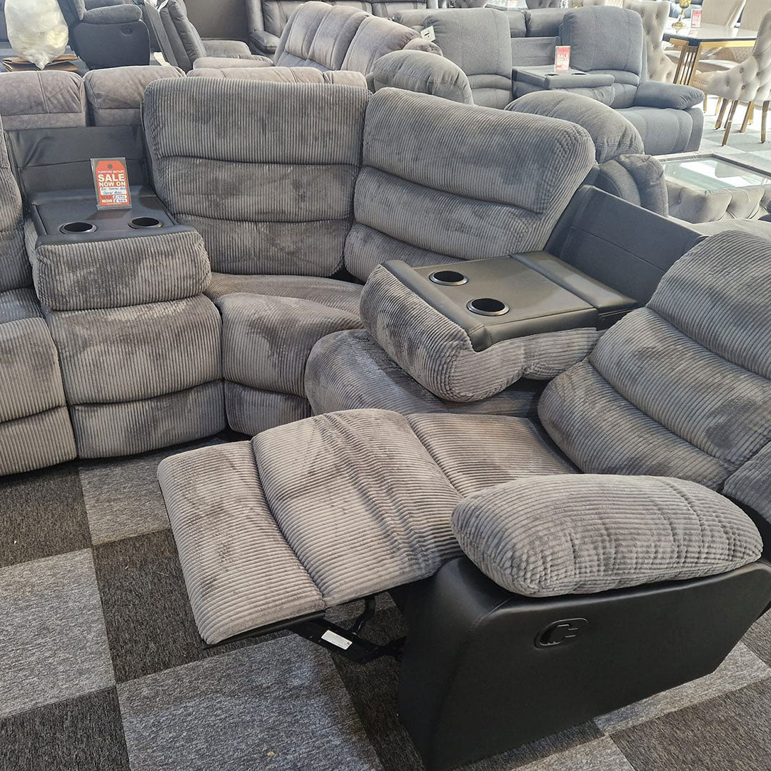 Rio Jumbo Cord Recliner Corner Sofa With Cupholders - Manual Reclining - Recliner Corner Sofa (Corner - Grey/Black)