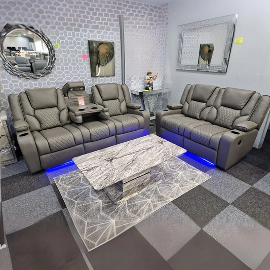 MNS Orlando Electric Recliners 3+2 Seater Leather Sofa (Black, Grey) /LED LIGHTS/WIRELESS CHARGER