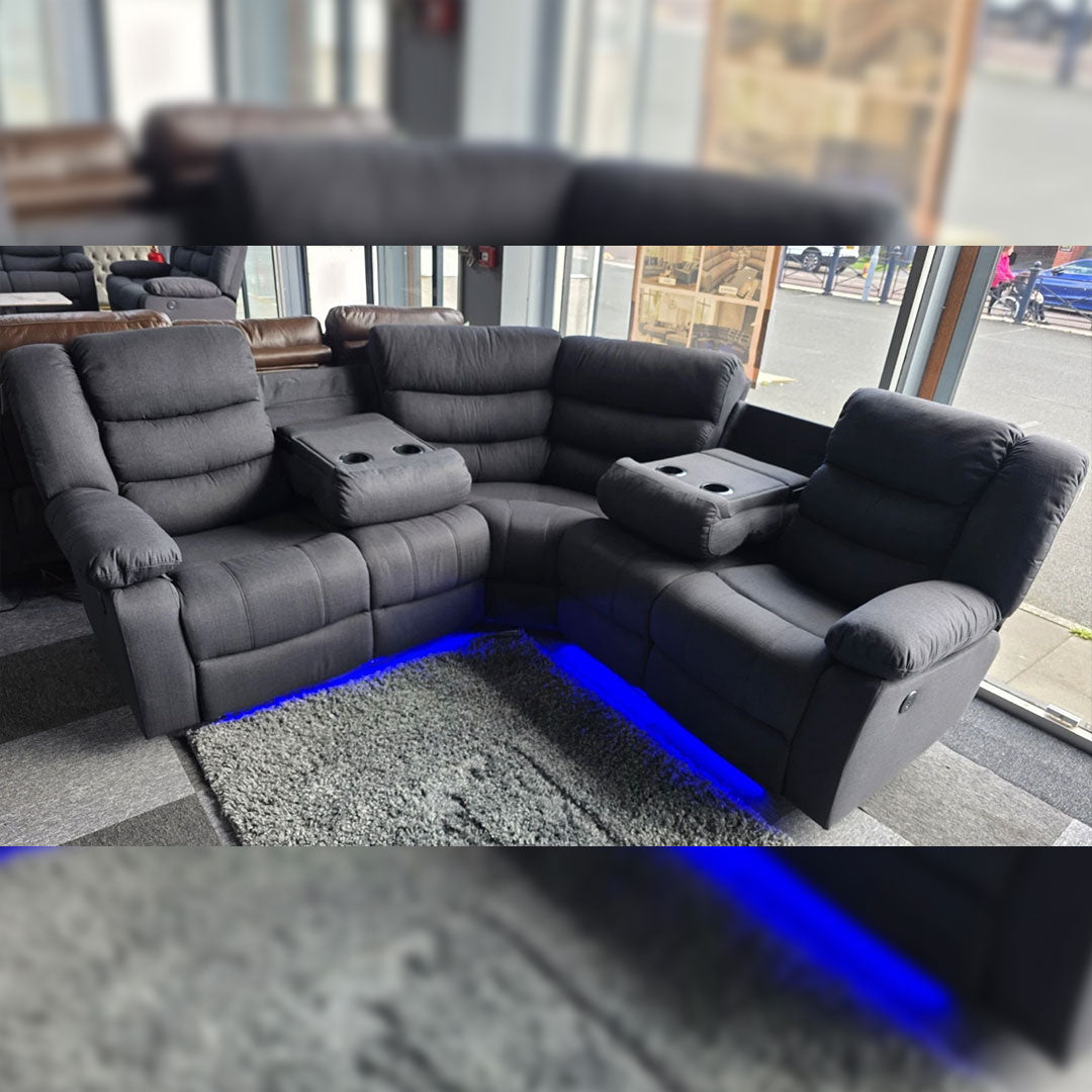 Roma Fabric Electric Recliner Corner Sofa Grey With USB/LED/Cup Holder