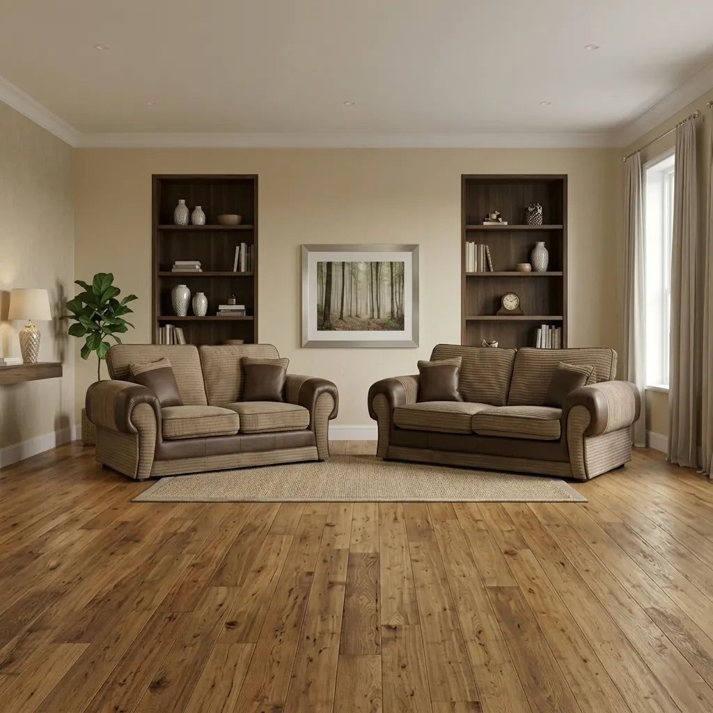 Tango 3+2 Seater Sofa Set – Jumbo Cord Fabric with Leather Detail  Grey & Brown