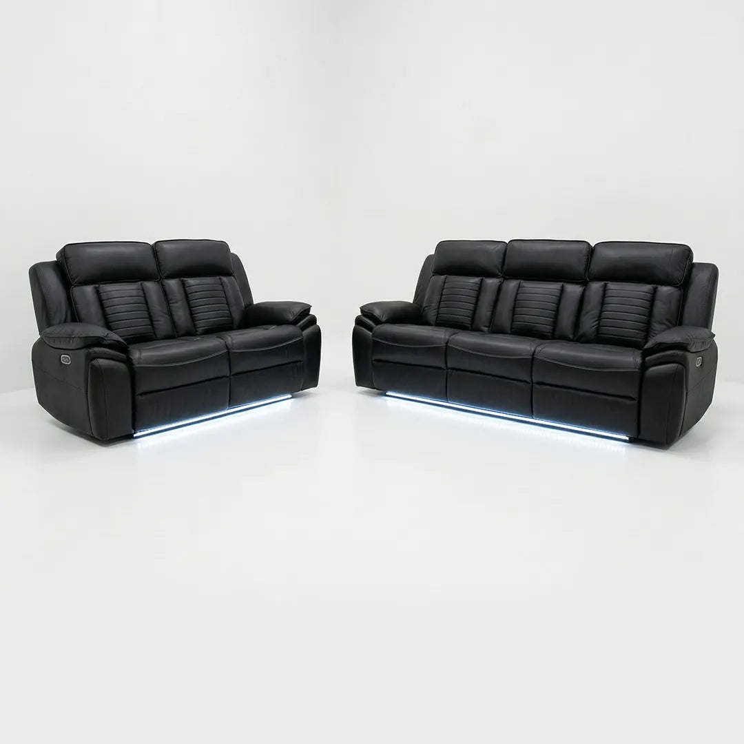 Savilla Electric Leather Recliner Sofa Set – 3+2 Seater with Cup Holders, USB & Type-C Charging Ports, LED Lighting & Wireless Charging, Black & Grey