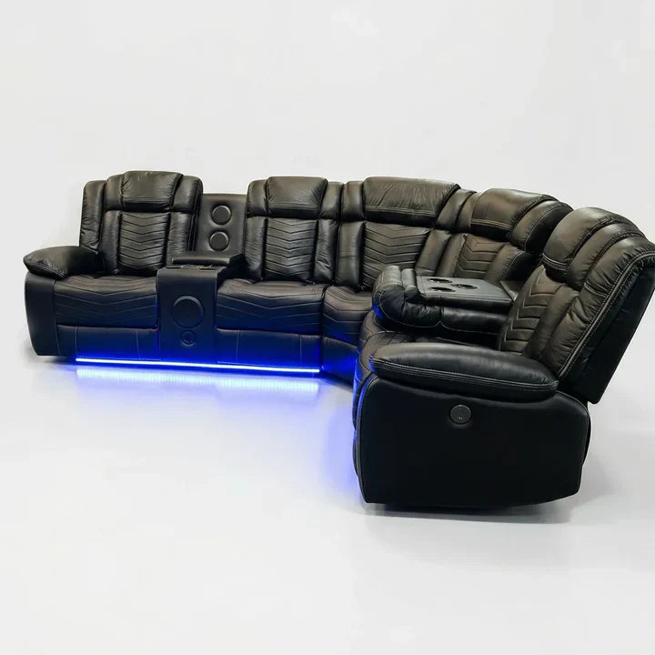 Michigan Zeus Leather Electric Recliners Corner Sofa With Cupholders (Black/Grey/Brown)- Bluetooth Speakers/LED Lights