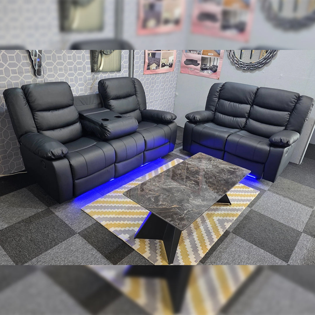 MNS Roma Leather Electric Recliner Sofa with Cupholders - 3+2 Seater Sofa - Black , Grey(3+2 Seater)