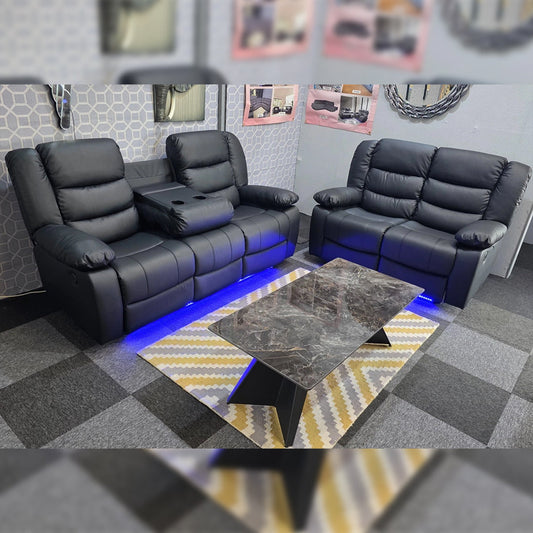 MNS Roma Leather Electric Recliner Sofa with Cupholders - 3+2 Seater Sofa - Black , Grey(3+2 Seater)
