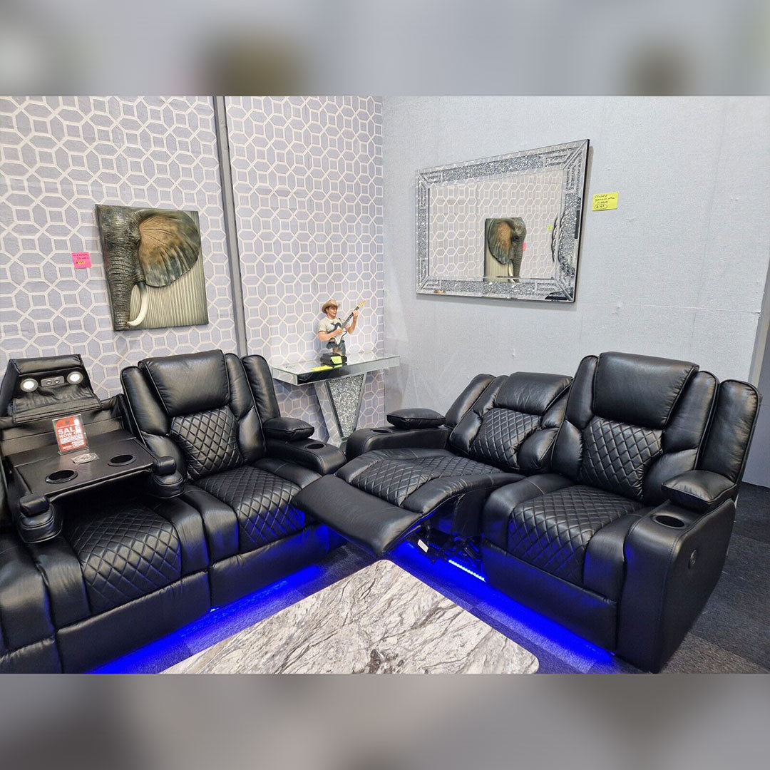 MNS Orlando Electric Recliners 3+2 Seater Leather Sofa (Black, Grey) /LED LIGHTS/WIRELESS CHARGER