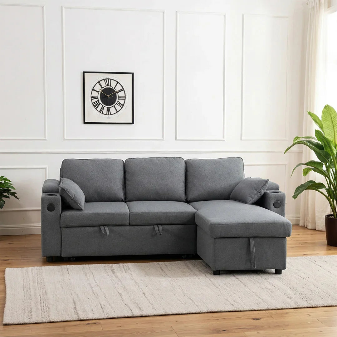 Francesca Sofa Bed (Universal) in Grey fabric - USB - Storage - Cuphoders - Bed - Magazine Pocket