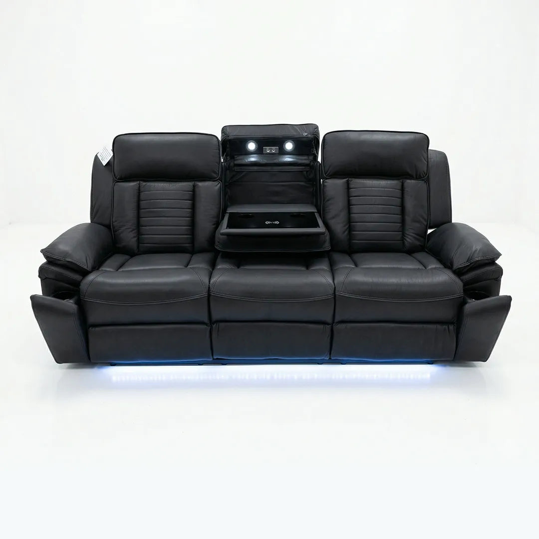 Savilla Electric Leather Recliner Sofa Set – 3+2 Seater with Cup Holders, USB & Type-C Charging Ports, LED Lighting & Wireless Charging, Black & Grey