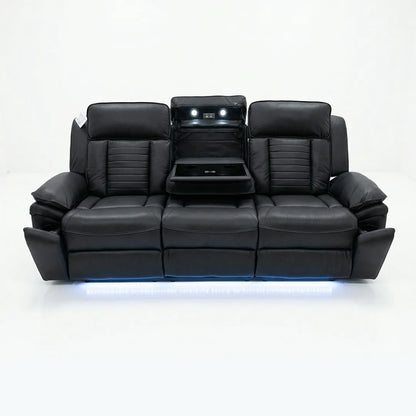 Savilla Electric Leather Recliner Sofa Set – 3+2 Seater with Cup Holders, USB & Type-C Charging Ports, LED Lighting & Wireless Charging, Black & Grey