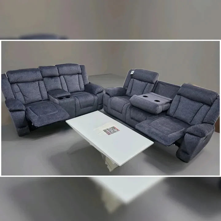 Beunis Aire 3+2 Plush Velvet Manual Recliner Sofa Set – Charcoal Dark Grey