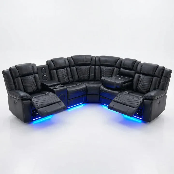 Michigan Zeus Leather Electric Recliners Corner Sofa With Cupholders (Black/Grey/Brown)- Bluetooth Speakers/LED Lights