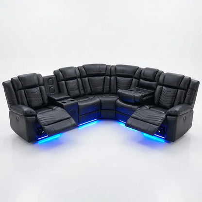 Michigan Zeus Leather Electric Recliners Corner Sofa With Cupholders (Black/Grey/Brown)- Bluetooth Speakers/LED Lights