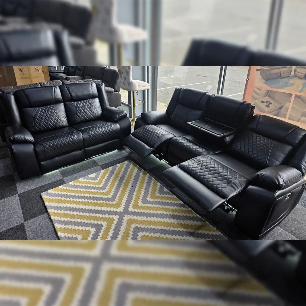 Lisbon Leather Electric Recliner Sofa 3+2 Seater – USB Ports, C-Type Port, LED Lights, Wireless Charging & Cup Holders