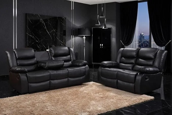 Leather Recliner Sofa with Cupholders - 3+2 Seater Sofa - Black (3+2 Seater)