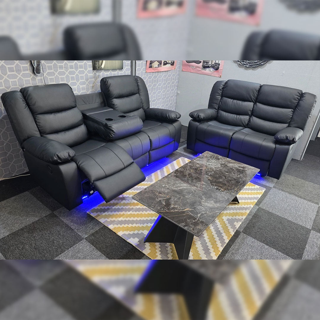 MNS Roma Leather Electric Recliner Sofa with Cupholders - 3+2 Seater Sofa - Black , Grey(3+2 Seater)