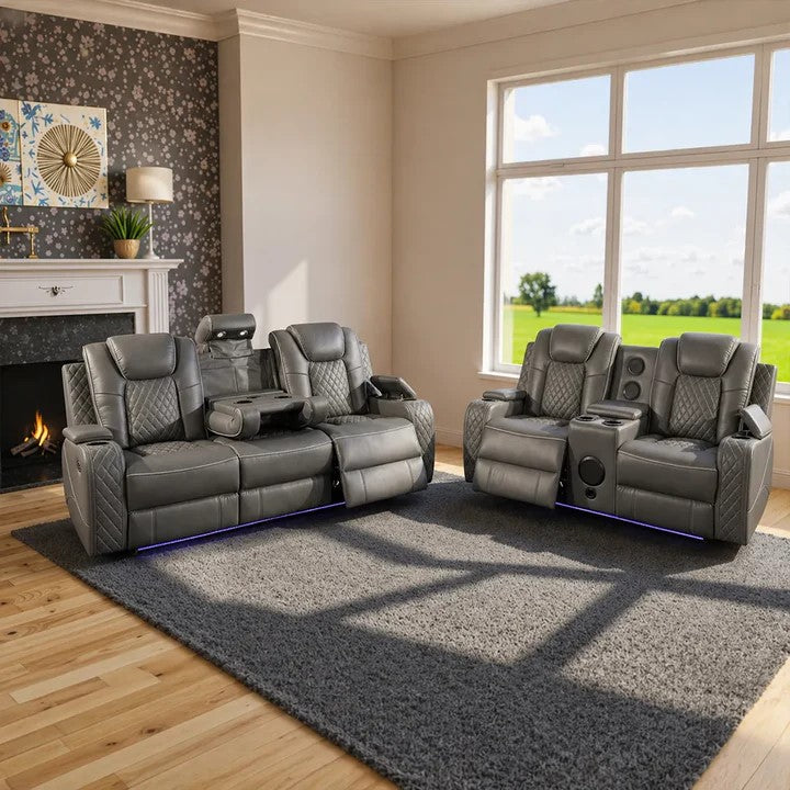 Emilay Premium Leather Electric Recliner Sofa – Luxury 3 and 2 Seater with Cooling Cupholders & Integrated speaker System