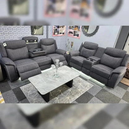 Prada Music Electric Recliner 3+2 Fabric Sofa Set – Grey | Bluetooth Speakers, USB Ports, LED Lighting & Cooling Cupholders
