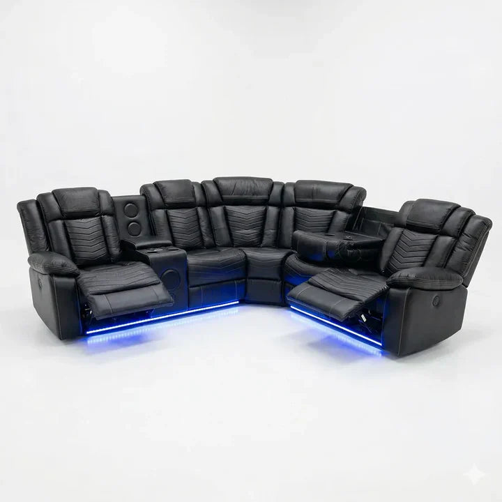 Michigan Zeus Leather Electric Recliners Corner Sofa With Cupholders (Black/Grey/Brown)- Bluetooth Speakers/LED Lights