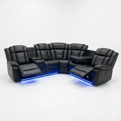 Michigan Zeus Leather Electric Recliners Corner Sofa With Cupholders (Black/Grey/Brown)- Bluetooth Speakers/LED Lights