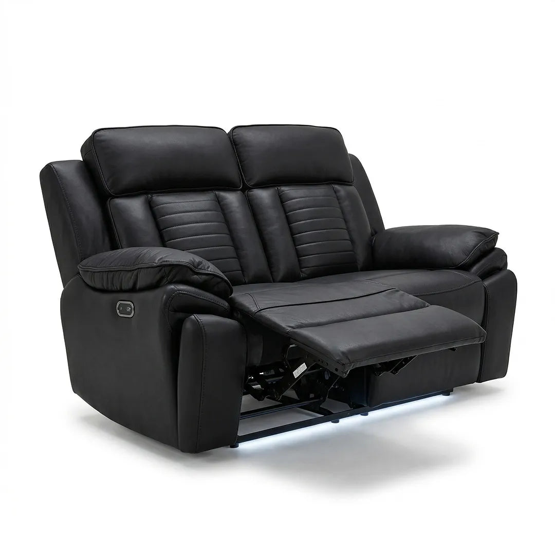 Savilla Electric Leather Recliner Sofa Set – 3+2 Seater with Cup Holders, USB & Type-C Charging Ports, LED Lighting & Wireless Charging, Black & Grey