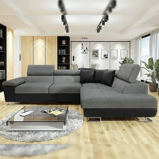 ANTON Black & Grey Fabric Corner Sofa Bed | Double Bed | large sofas settee for living Rooms | Left hand & Right hand side suite (RIGHT HAND SIDE/LEFT HAND SIDE)