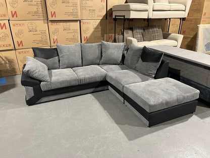 NEW LARGE DINO CORNER SOFA JUMBO CORD GREY BLACK OR BEIGE BROWN LEFT OR RIGHT(Grey Black right). Fire resistant as per British Standards, foam filled seats for comfort.