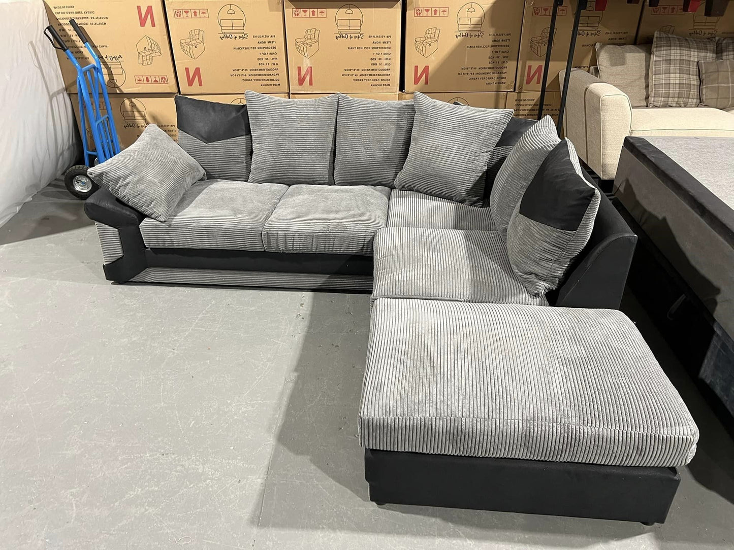 NEW LARGE DINO CORNER SOFA JUMBO CORD GREY BLACK OR BEIGE BROWN LEFT OR RIGHT(Grey Black right). Fire resistant as per British Standards, foam filled seats for comfort.
