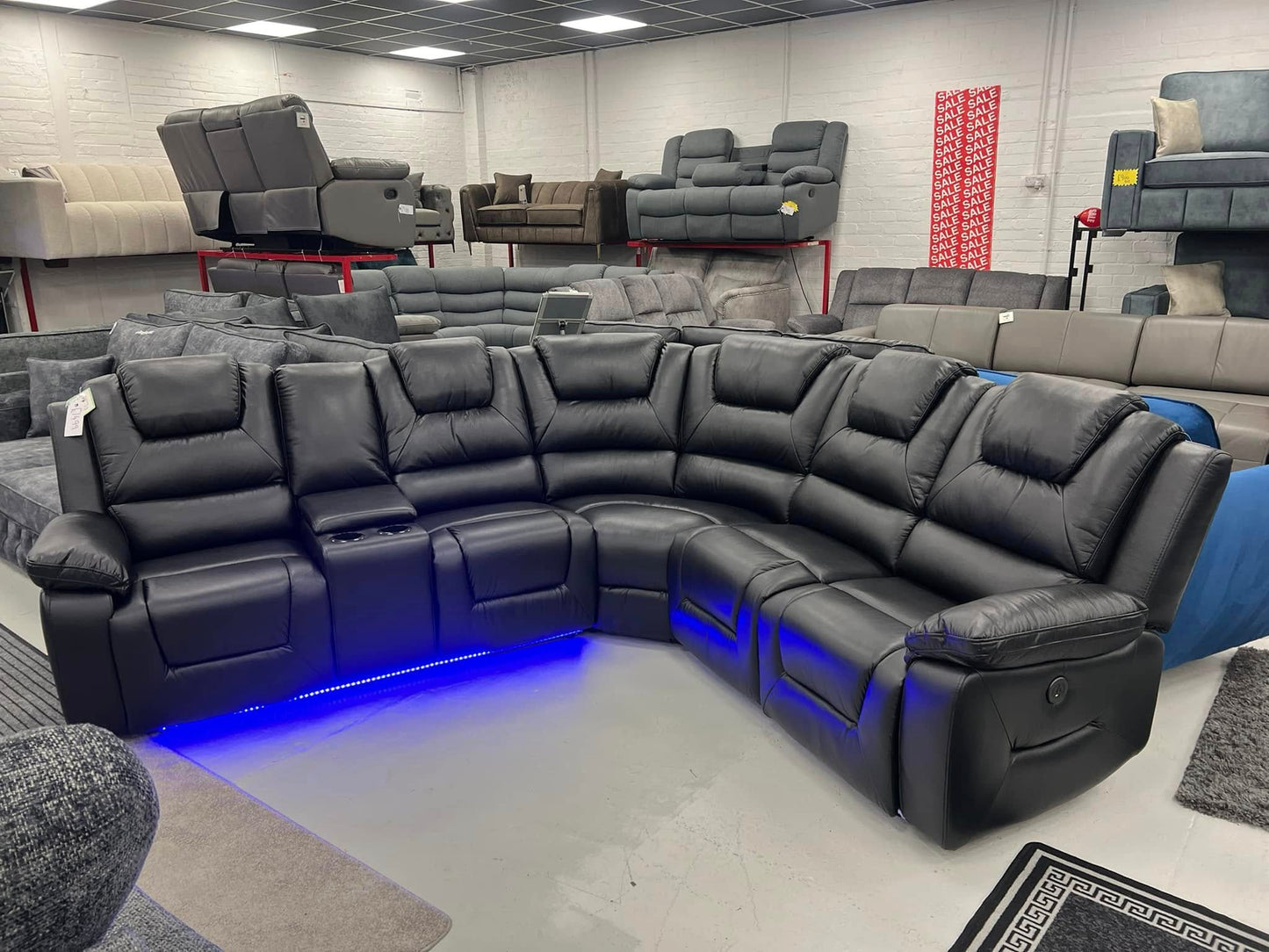MNS Oxford Leather Electric Recliner Corner Sofa with Cupholders, USB Charging Ports, LED Lights – Leather Corner Sofa
