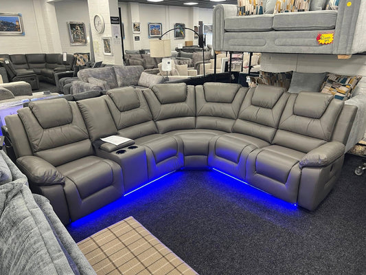 MNS Oxford Leather Electric Recliner Corner Sofa with Cupholders, USB Charging Ports, LED Lights – Leather Corner Sofa
