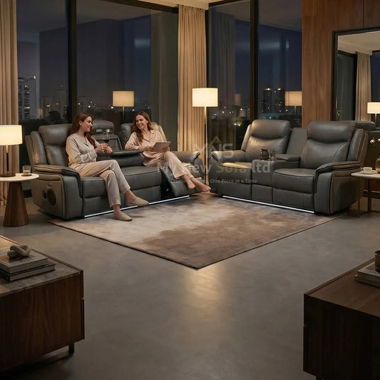 Parada Leather Electric Recliner Sofa 3+2 Seater-Bluetooth/USB/C-Type/Led/Cooling-Cup Holders - Grey