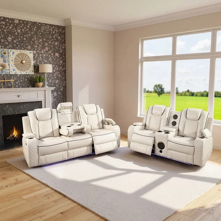 Emilay Premium Leather Electric Recliner Sofa – Luxury 3 and 2 Seater with Cooling Cupholders & Integrated speaker System