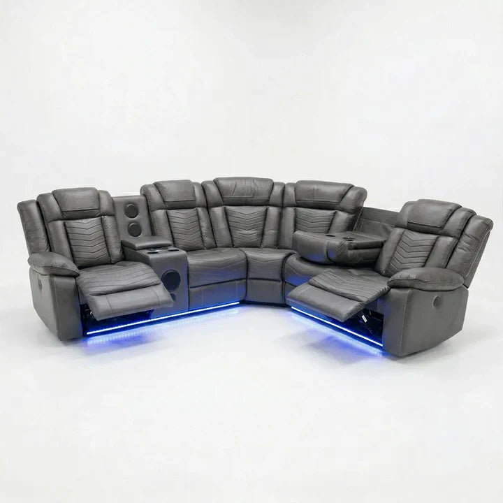 Michigan Zeus Leather Electric Recliners Corner Sofa With Cupholders (Black/Grey/Brown)- Bluetooth Speakers/LED Lights