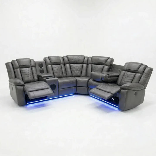 Michigan Zeus Leather Electric Recliners Corner Sofa With Cupholders (Black/Grey/Brown)- Bluetooth Speakers/LED Lights