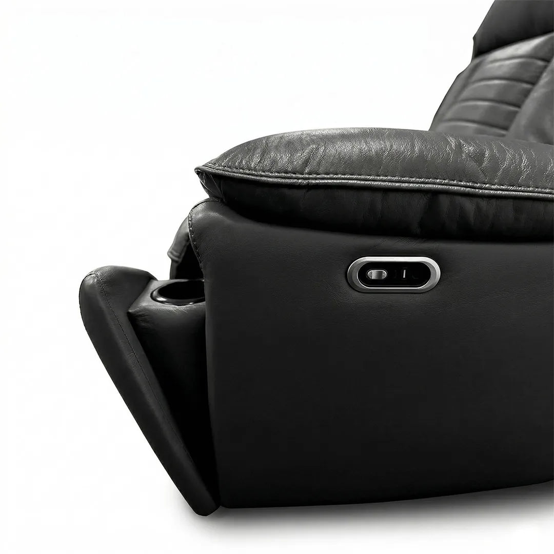 Savilla Electric Leather Recliner Sofa Set – 3+2 Seater with Cup Holders, USB & Type-C Charging Ports, LED Lighting & Wireless Charging, Black & Grey