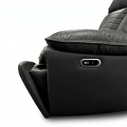Savilla Electric Leather Recliner Sofa Set – 3+2 Seater with Cup Holders, USB & Type-C Charging Ports, LED Lighting & Wireless Charging, Black & Grey