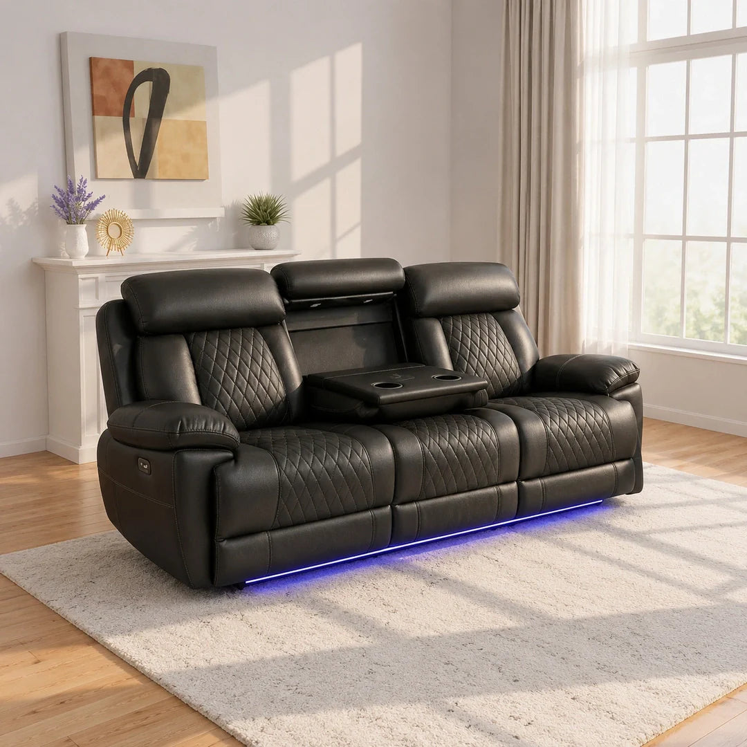 Carlisle 3+2 Seater Leather Recliner Sofa Set with LED Lights, Cooling Cup Holders, USB-C and Storage